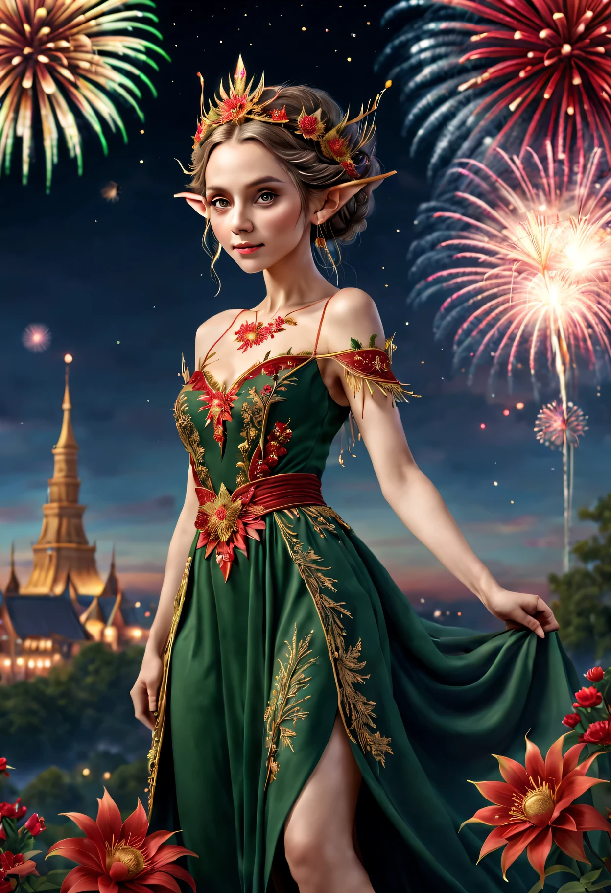 wide wide shot，Expansive night sky，new year，(A grand fireworks display),Beautiful Elf Queen，Spring dress，having fun，red tint，Golden wire，Flower embroidery，(Best quality at best,4K,A high resolution,tmasterpiece:1.2),ultra - detailed,(actual,photoactual,photo-actual:1.37),