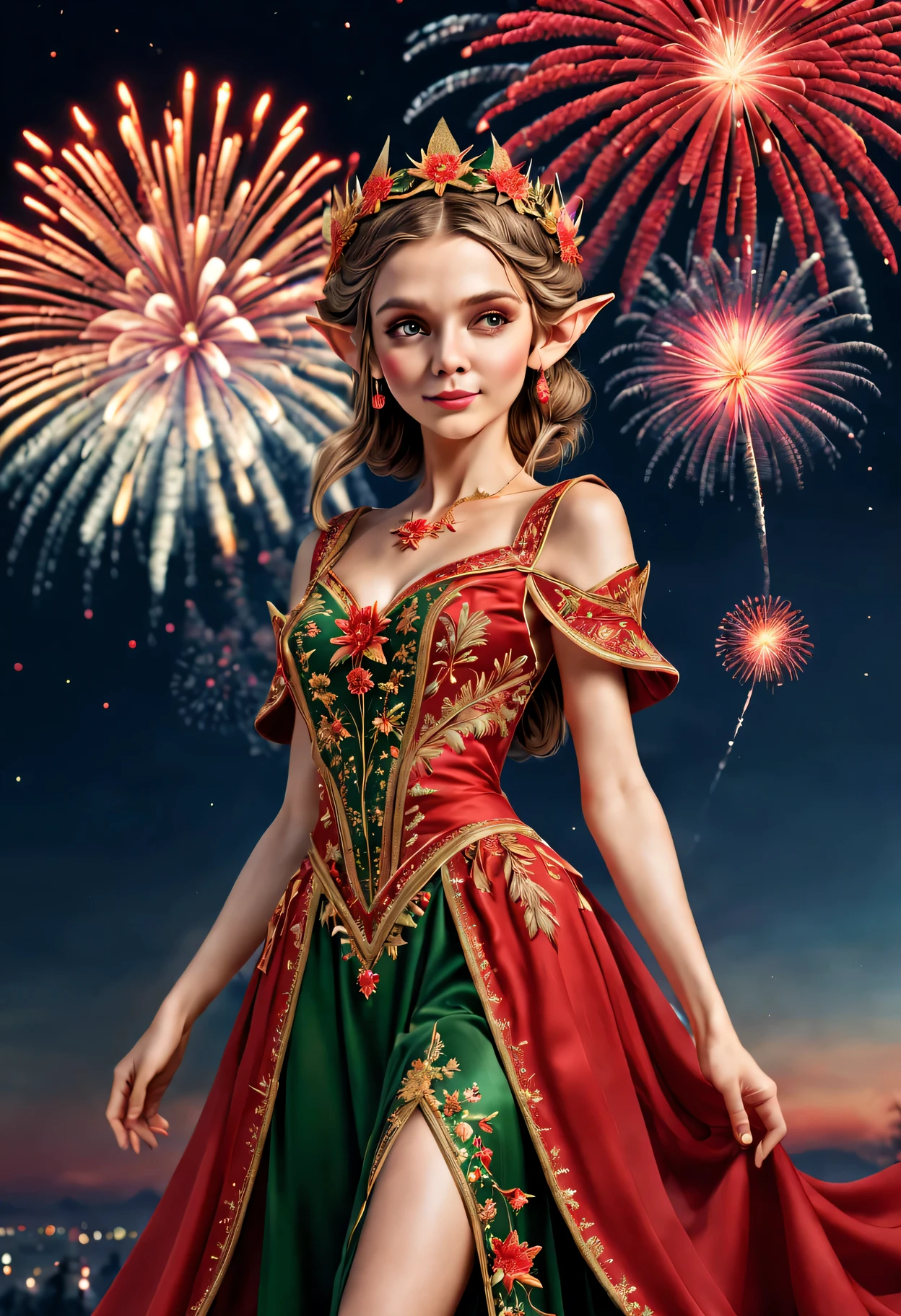 wide wide shot，Expansive night sky，new year，(A grand fireworks display),Beautiful Elf Queen，Spring dress，having fun，red tint，Golden wire，Flower embroidery，(Best quality at best,4K,A high resolution,tmasterpiece:1.2),ultra - detailed,(actual,photoactual,photo-actual:1.37),