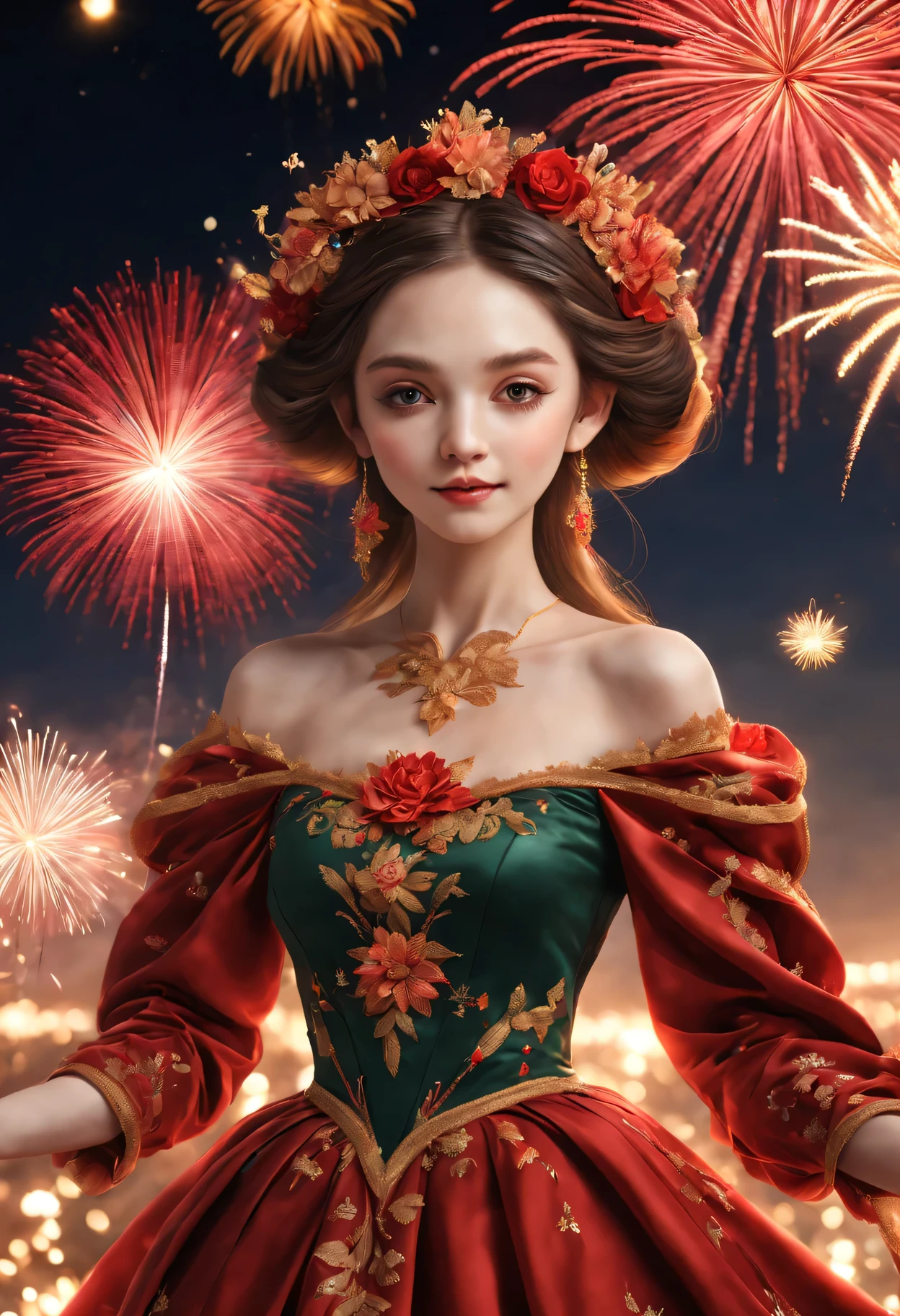 wide wide shot，Expansive night sky，new year，(A grand fireworks display),Beautiful Elf Queen，Spring dress，having fun，red tint，Golden wire，Flower embroidery，(Best quality at best,4K,A high resolution,tmasterpiece:1.2),ultra - detailed,(actual,photoactual,photo-actual:1.37),