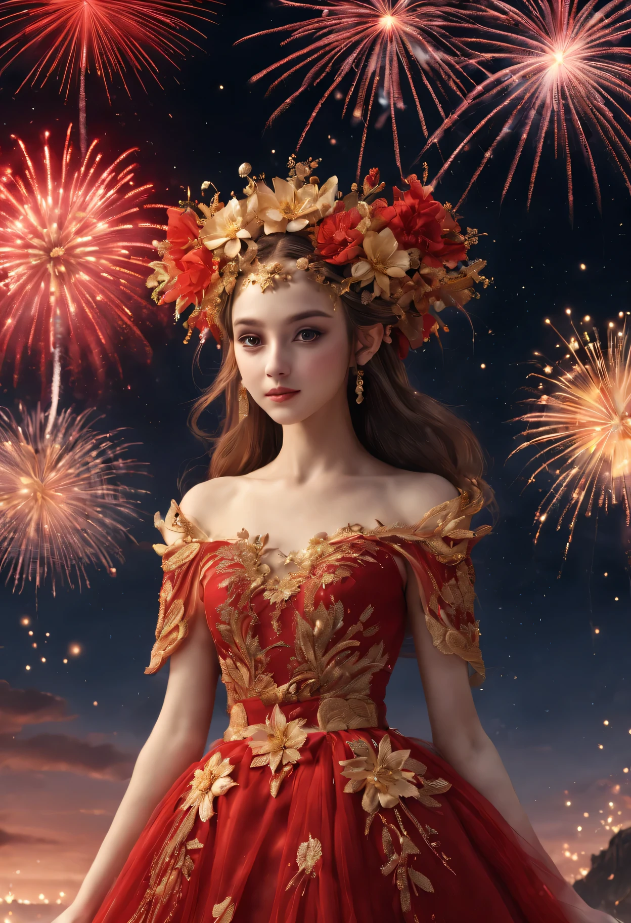 wide wide shot，Expansive night sky，new year，(A grand fireworks display),Beautiful Elf Queen，Spring dress，having fun，red tint，Golden wire，Flower embroidery，(Best quality at best,4K,A high resolution,tmasterpiece:1.2),ultra - detailed,(actual,photoactual,photo-actual:1.37),
