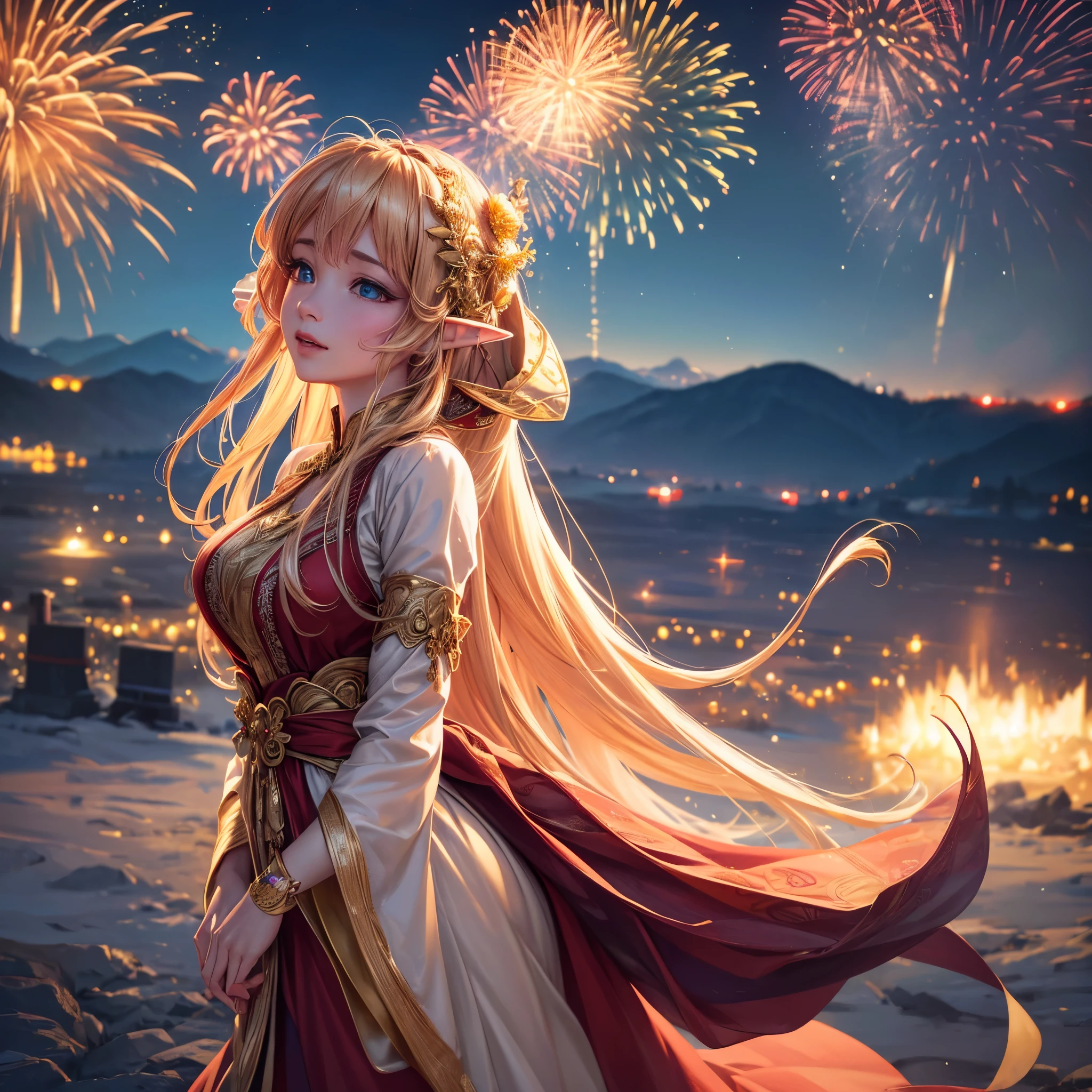 wide wide shot，Expansive night sky，new year，(A grand fireworks display),Beautiful Elf Queen，Spring dress，having fun，red tint，Golden wire，Flower embroidery，(Best quality at best,4K,A high resolution,tmasterpiece:1.2),ultra - detailed,(actual,photoactual,photo-actual:1.37),