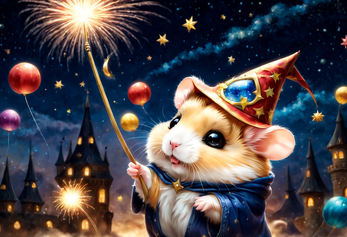 magic hamster party,((Hamster Wizard:great joy:pulling the hands up:Opening Mouth:Dynamic Pose:Wizard Hat)),magic wands,Use of magic,Wizard costume details:colourfull:draw a pattern with gold and silver,celebration,((Lots of fireworks in the night sky:colourfull)),,,Castle balcony,Lots of stars,kirakira,Beautiful light effect,,​masterpiece,top-quality,Fluffy hamsters,Chibi,cute little,A delightful,Happiness,,magical lights,,Fantastical,night sky details,Anatomically correct,All the best,,little hamster,最高にcute littleハムスター，Fantasia,randolph caldecott style,illustratio,watercolor paiting