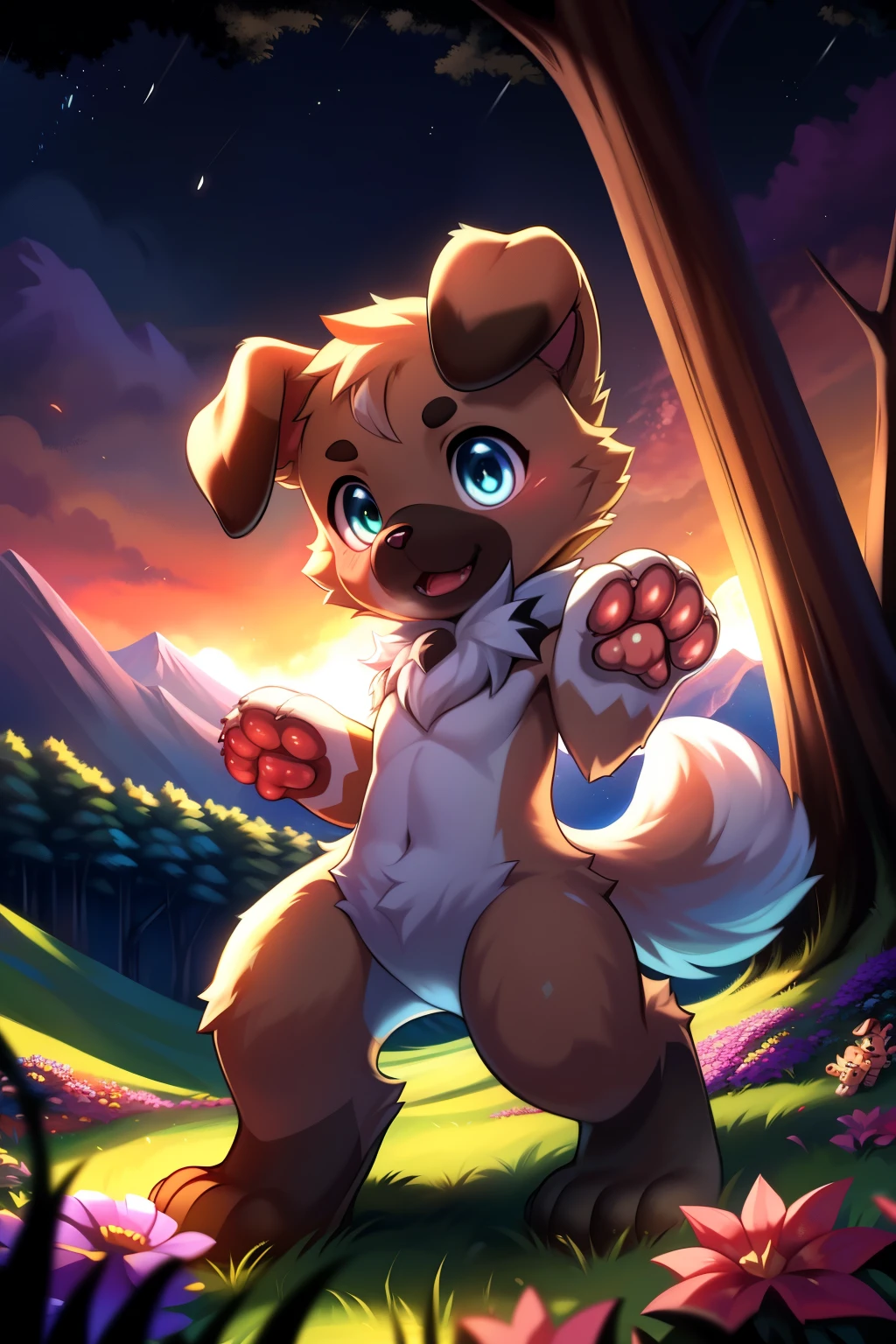 (blue fur), expansive landscape photograph , (blush), (paws, pawpads), furry boy, ((rockruff, shiny pokemon)), (cub, young, chibi), flower field, (full moon:1.2), ( shooting stars:0.9), (nebula:1.3), distant mountain, tree BREAK production art, (warm light source:1.2), (Firefly:1.2), lamp, lot of purple and orange, intricate details, volumetric lighting, realism BREAK (masterpiece:1.2), (best quality), 4k, ultra-detailed, (dynamic composition:1.4), highly detailed, colorful details,( iridescent colors:1.2), (glowing lighting, atmospheric lighting), dreamy, magical, (solo:1.2), dutch angle,