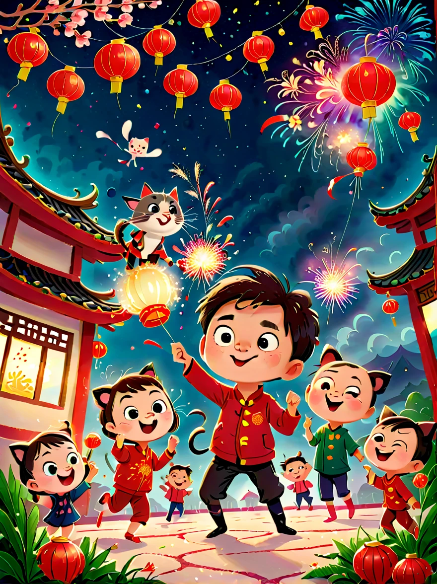 KidsRedmAF，(Tim Burton style)，(Illustration captures the essence of Chinese New Year)，(Lanterns and festoons)，It's snowing，In the joyful atmosphere of the Spring Festival，(5 children are setting off firecrackers and fireworks)，(There are many fireworks in the sky)，The picture is beautiful，(Detailed and vivid children&#39;s hand-drawn illustrations)，Show character expressions，1 kitten watching
