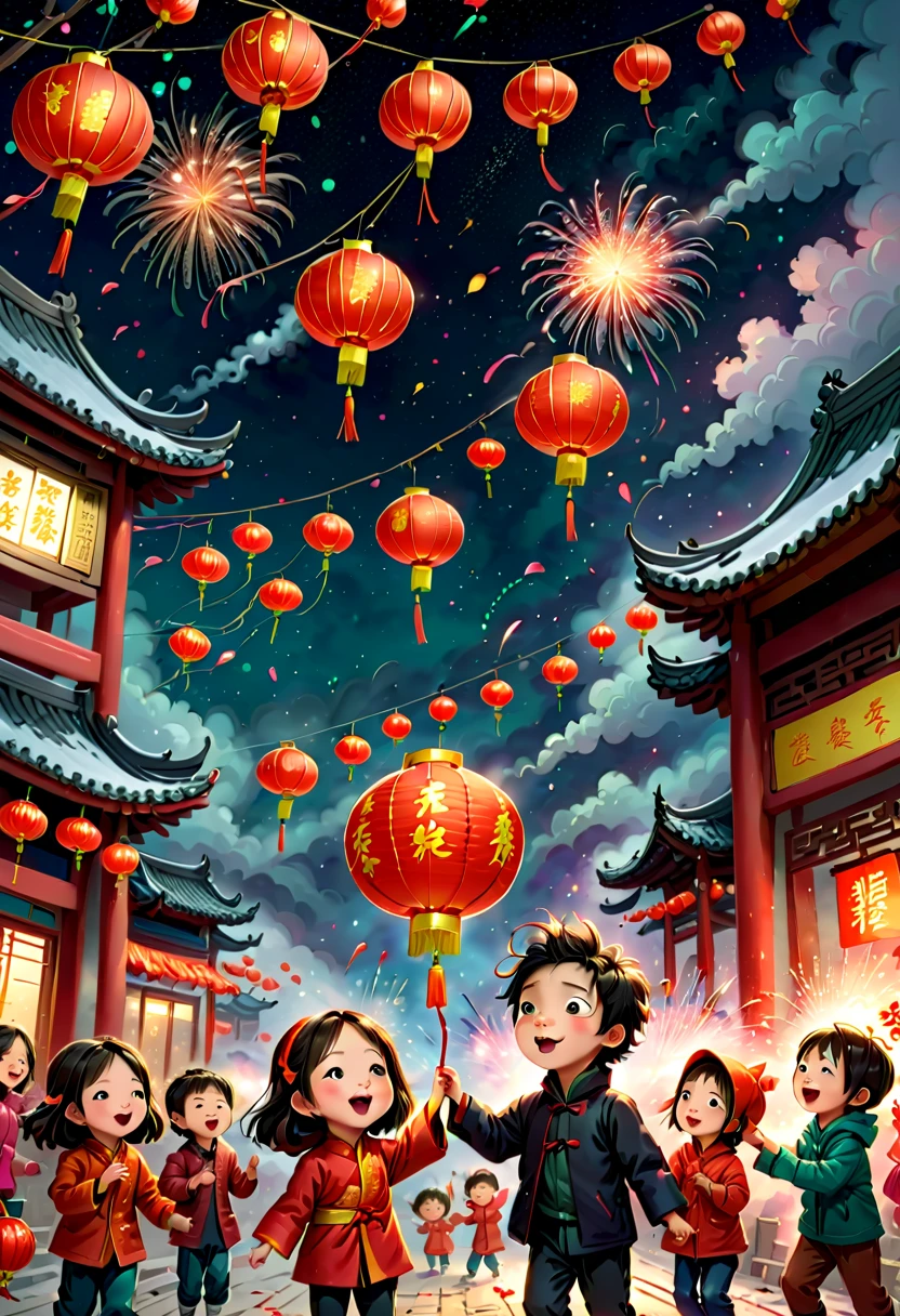 KidsRedmAF，(Tim Burton style)，(Illustration captures the essence of Chinese New Year)，(Lanterns and festoons)，It's snowing，In the joyful atmosphere of the Spring Festival，(5 children are setting off firecrackers and fireworks)，(There are many fireworks in the sky)，The picture is beautiful，(Detailed and vivid children&#39;s hand-drawn illustrations)，Show character expressions，1 kitten watching