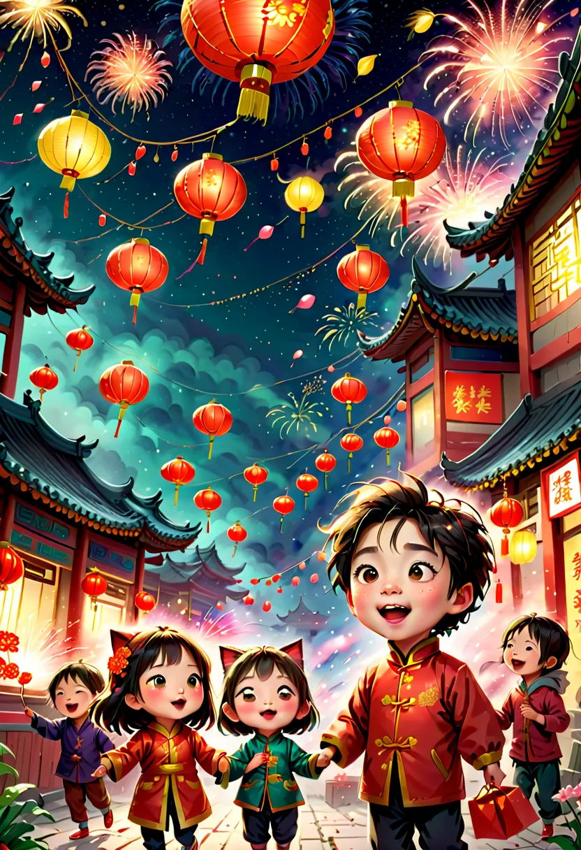 kidsredmaf，(tim burton style)，(illustration captures the essence of chinese new year)，(lanterns and festoons)，it's snowing，in th...