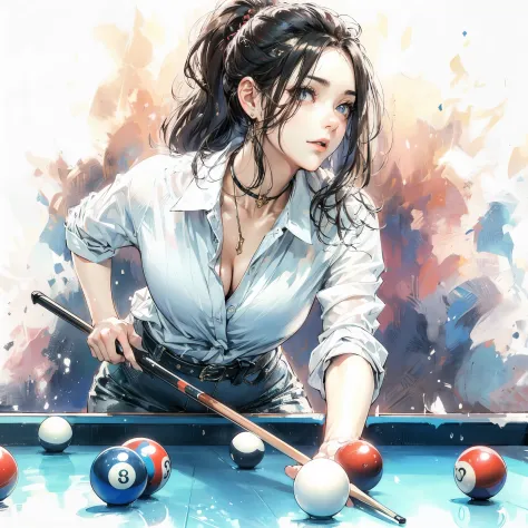 (Best Quality, masutepiece),ultra detailed photographic,1girl in, Women's billiard athlete ,Large breasts,nice legs, At billiard...