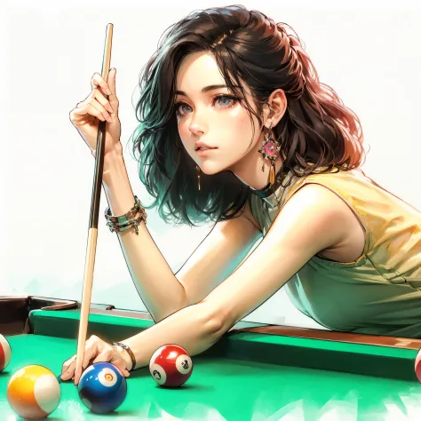 (Best Quality, masutepiece),ultra detailed photographic,1girl in, Women's billiard athlete ,Large breasts,nice legs, At billiard...