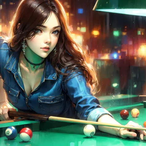 (Best Quality, masutepiece),ultra detailed photographic,1girl in, Women's billiard athlete ,Large breasts,nice legs, At billiard...