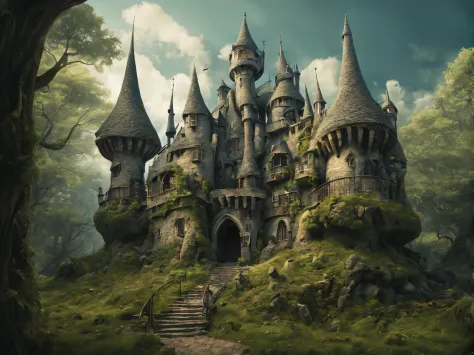 Fantasy castle，tim burton movie style，whimsically，a building out of proportion，enchanting landscape，magical beings，path,The secr...