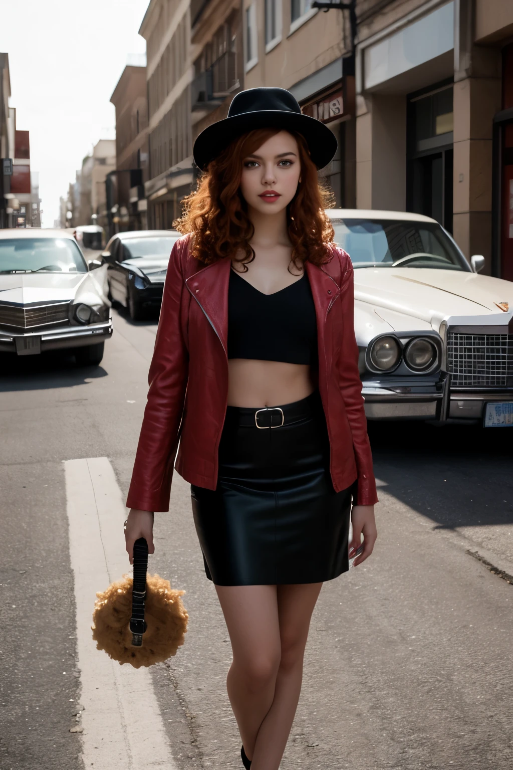masterpiece, pale skin, red lips, light eyes, eyeshadow, front shot a beautiful red-haired woman with medium curly hair standing on the street holding a Thompson drum M1928A1, behind her a 1928 Cadillac Town Sedan left green, she wears a mafia suit with red and black colors, Skirt and jacket on her shoulders in mafia style, she also wears a hat, garter holder and heels, very detailed body, detailed car and clothes, chiaroscuro, natural daylight, highly detailed, her and the car focused on the image
