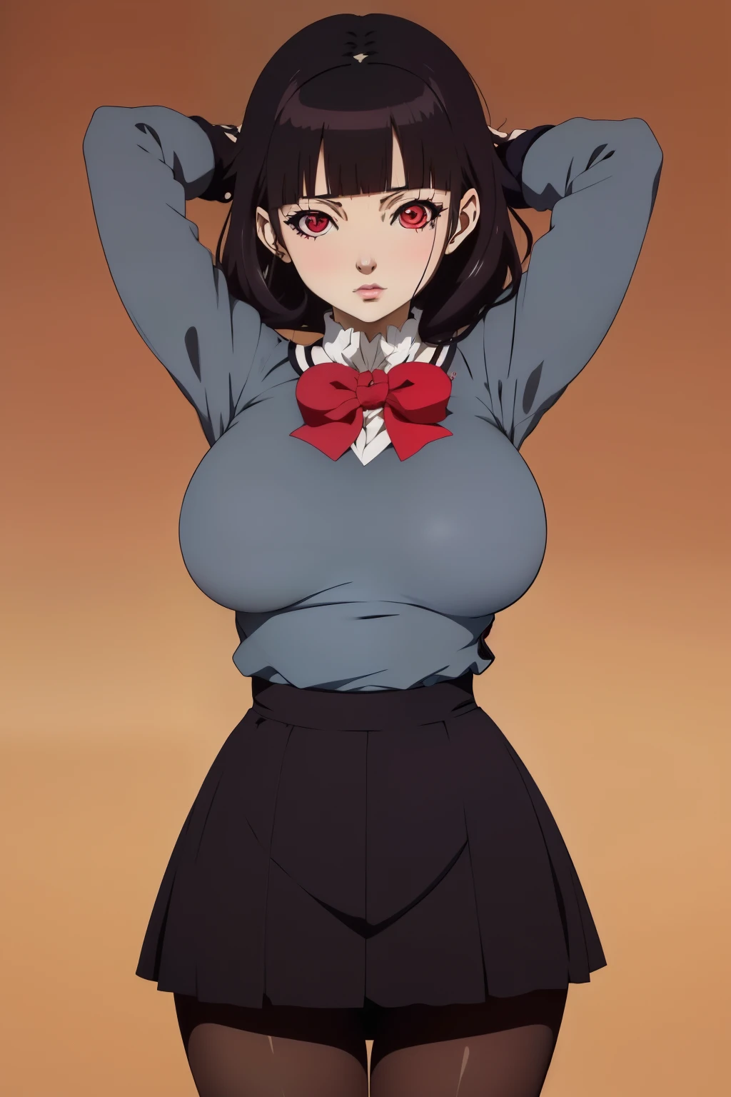 A woman in a short skirt and a gray shirt with a red bow - SeaArt AI