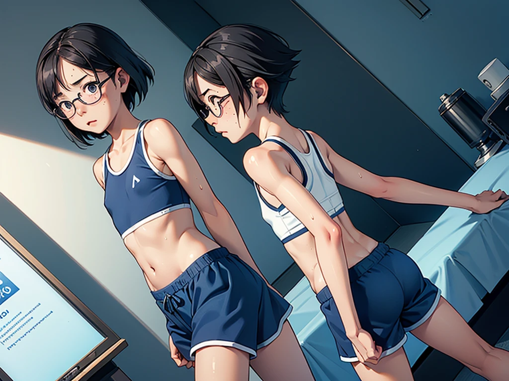 boy, trap, otoko no ko, androgynous, 12 years old, (((White sports bra and blue boxer shorts))), Wet with sweat, Look back, muscle arms, pervert, petite, flat chest, blushing, glasses, desktop wallpaper, highly detailed, freckles, small hips, large bulge