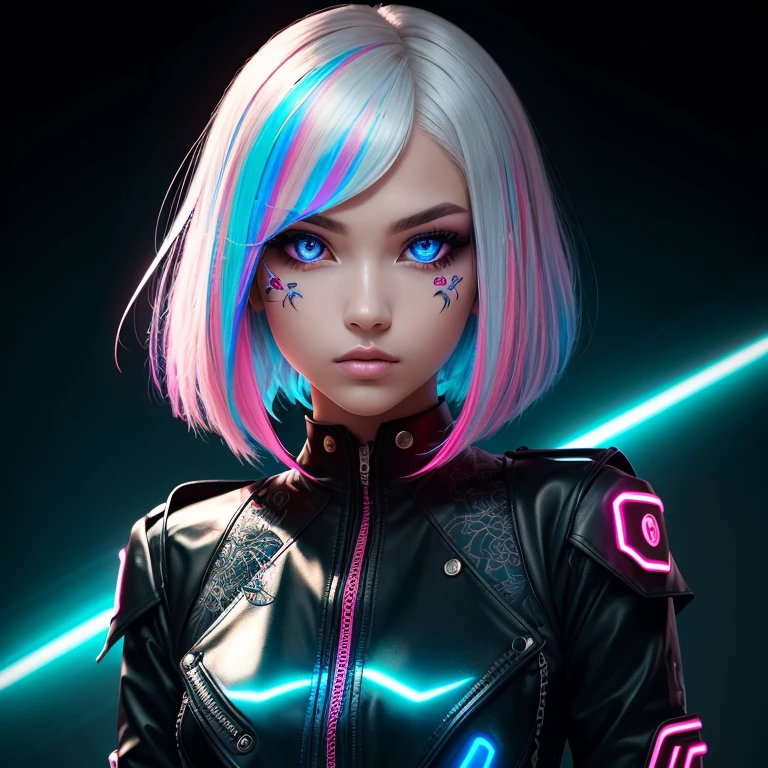 This pretty girl with bright, synthography-style eyes has short, vibrant hair, carefully styled in tons of pastel blue and pink. Her intense gaze is underscored by her multi-colored irises, which seem to illuminate the atmosphere. Her skin is smooth and translucent, with slight futuristic elements incorporated, like small glows on your face. Ela uses a soft makeup, with subtle neon touches that enhance your captivating expression. Her style is bold and avant-garde, with clothes that mix technological elements and a retro touch, like a metallic dress and holographic boots. An aura of creativity and curiosity surrounds, turning into an inspiring figure in the world of art and technology, (master part), high quality, 1girl, Woman, tattoo, Irezumi, depth of field, dynamic lighting, high quality shadows, white hair