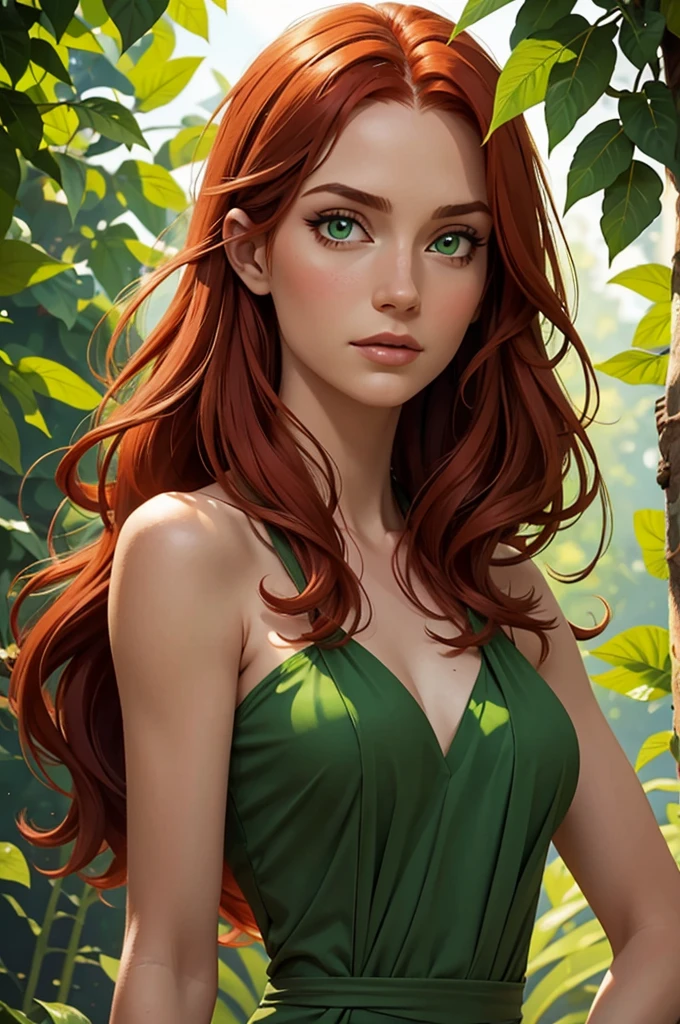 The image is a close-up portrait of a woman with long red hair and green eyes. She is posing with her bare shoulders exposed and a single green leaf placed over her chest. The woman's expression conveys confidence as she looks directly into the camera. The background has a green hue that complements her hair and makeup, adding to the overall natural and tranquil atmosphere of the photograph.