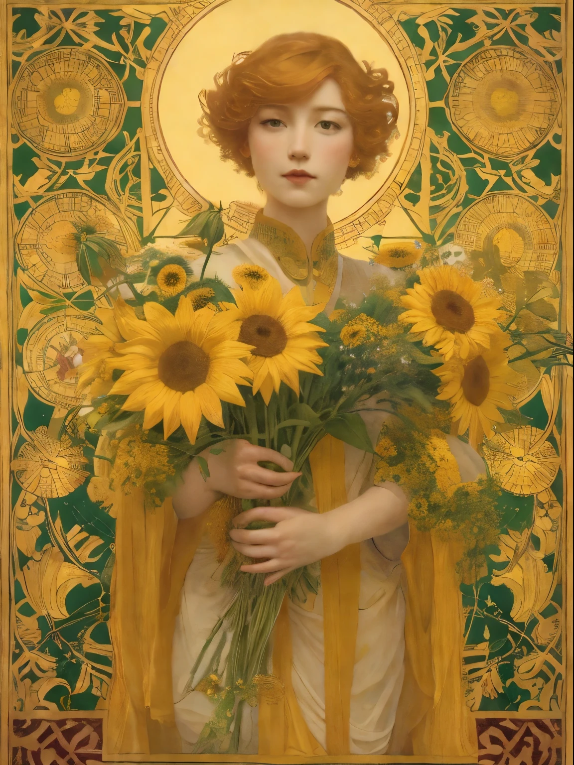 painting of a woman holding a bouquet of sunflowers in front of a golden background, hyperrealistic art nouveau, chie yoshii, andrey remnev, by Yamagata Hiro, mucha klimt and tom bagshaw, inspired by J. C. Leyendecker, inspired by J.C. Leyendecker, inspired by James C. Christensen