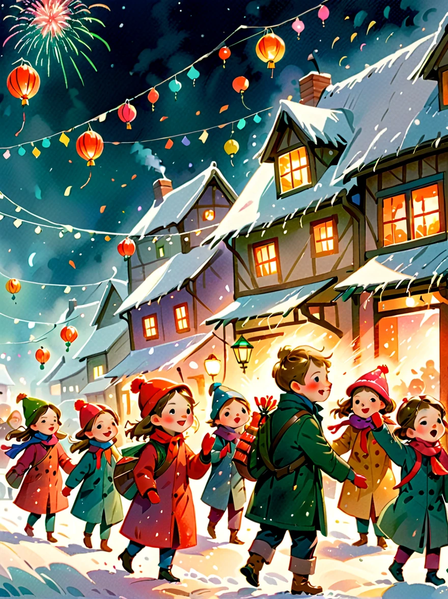 Kids Book, randolph caldecott style，(cartoon:1.2) ，(Illustration captures the essence of New Year’s Day)，(Lanterns and festoons)，Small European village，It's snowing，In the joyful atmosphere of the New Year，(5 children are setting off firecrackers and fireworks)，(There are many fireworks in the sky)，The picture is beautiful，(Detailed and vivid children&#39;s hand-drawn illustrations)，Show character expressions, Winters, (colorful illustrations:1.4), magazine illustration, (dynamicposes), detailed, iintricate, The beautiful, Gorgeous and stunning, Cinematic, epic ,remarkable color, Randolph and Beatrix Potter book illustration style