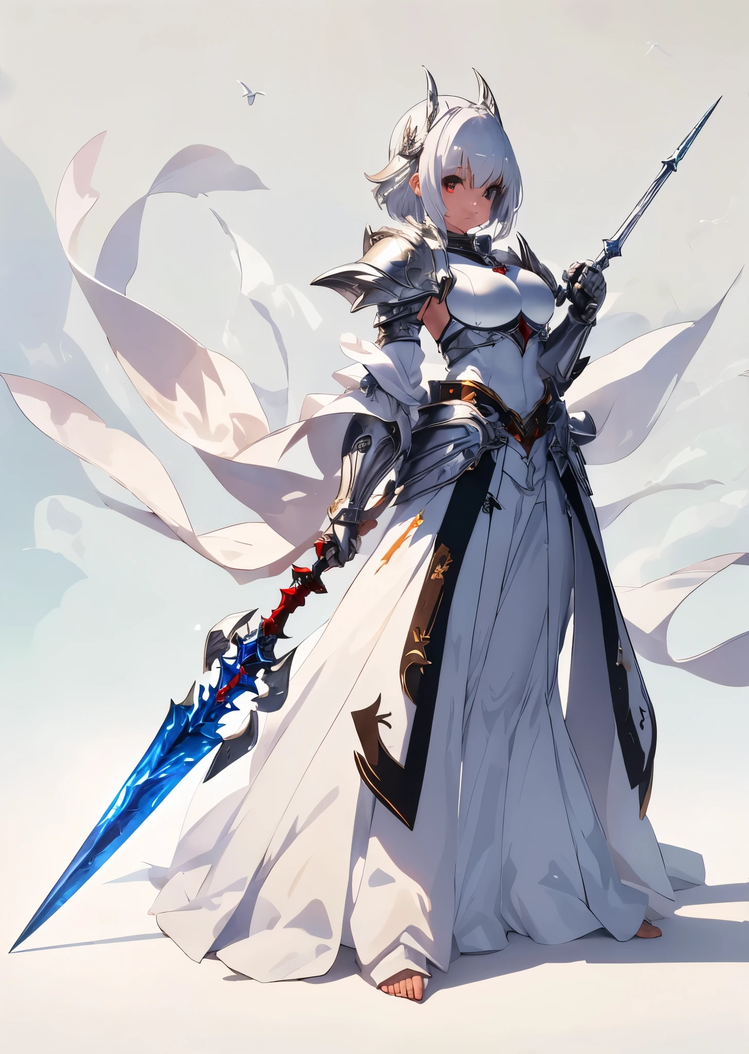 Silver Knights、Wearing white armor、With a large spear、Short hairstyle、Devil background、gazing at viewer、Wearing silvery-white armor、Best image、masutepiece、Beautiful woman、Gorgeous hairstyle、Holding a large spear、Wearing a red aura、