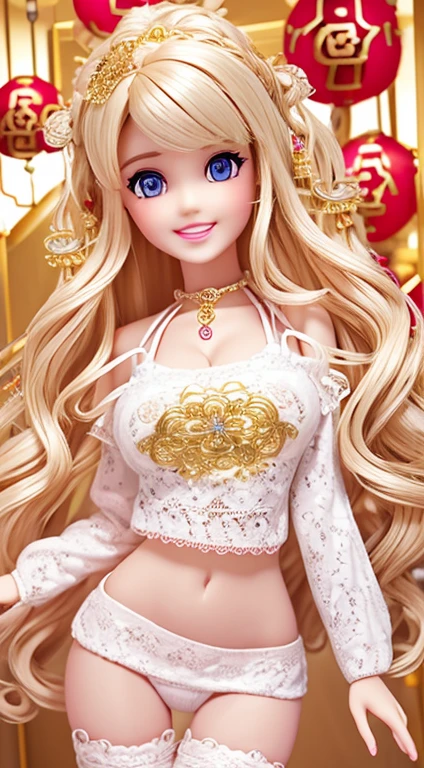 wavy hair wavy hair（（（The eyes are delicate））），（（（hair adornments））），choker necklace，Barbie wears sexy white and gold lace sweater，New Year decorations are everywhere on the road（（（tmasterpiece）））， （（Best quality））， （（intricately details））， （（hyper realisitc））（8K）