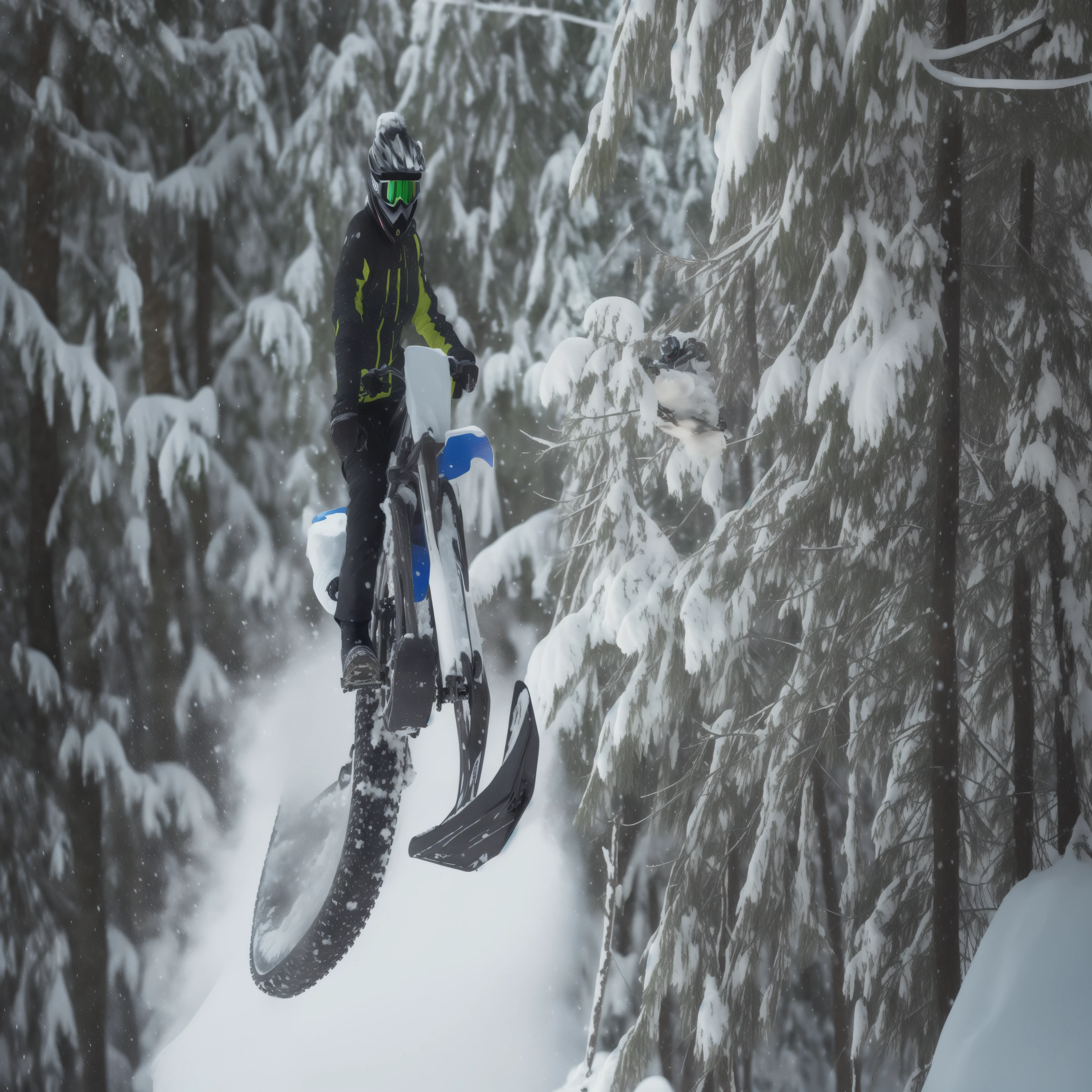 there is a man riding a snow bike in the snow, in a snowy forest setting, riding, skidding, having a good time, profile shot, into glory ride, colour, only snow in the background, photos, gpus go brrr, 8 k frostbite 3 engine, close up angle, tight shot, abomasnow, f / 2 0