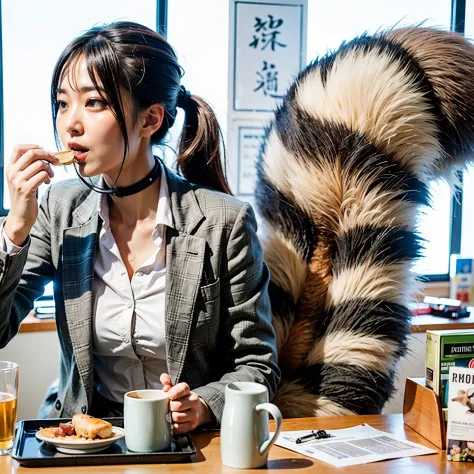 A woman wearing a pleated miniskirt with a raccoon tail, anthropomorphic racoon, けもの, Realistic, a picture, top-quality, Angry f...