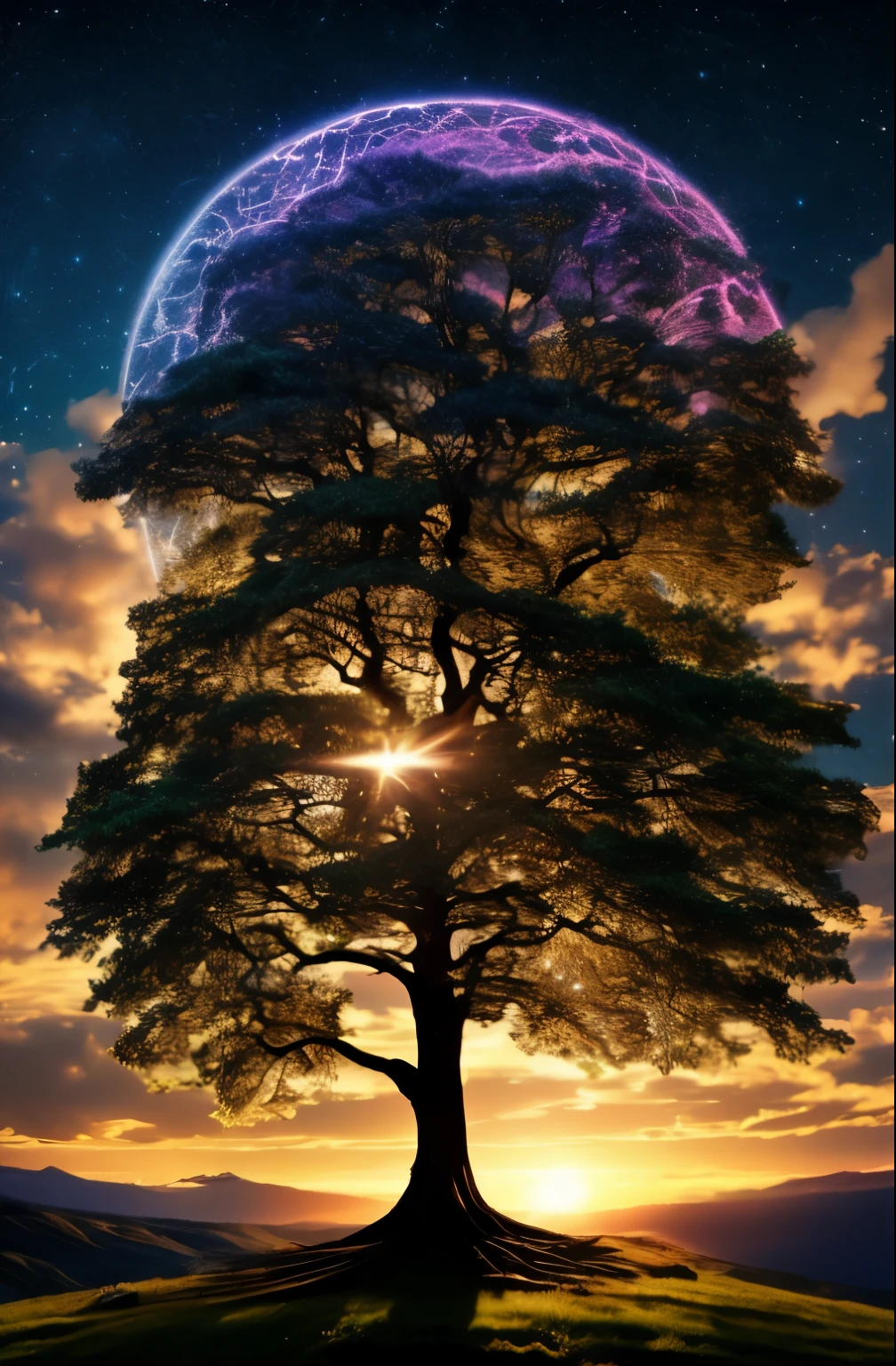 Morgendämmerung der Welt, Morgenstunden, Licht der Schöpfung, Licht, das vom Baum überströmt, Blendendes Licht, hell leuchtendes Licht, Schöpfer&#39;Träume, Yggdrasil,
