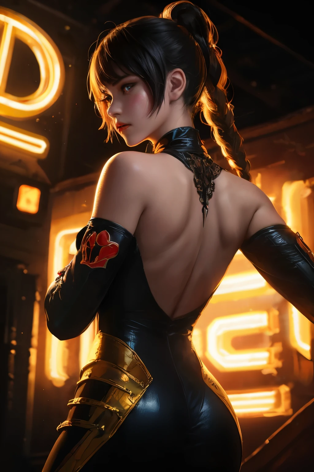 painterly digital painting, A soldier clad in a striking gothic outfit, adorned with intricate gold embroidery and ornate trims. The portrait shot captures their detailed face, highlighted by the warm, golden neon light that casts a dramatic glow upon their features. The soldier's eyes, painted with a smoky kohl, gaze intently into the distance, conveying a sense of mystery and power. Their lips, tinged with a deep crimson hue, are set in a determined line, revealing their steely resolve. The soldier's hair, styled into tight braids, cascades down their back, accentuating the strong angles of their face and the defined muscles of their shoulders. The background is dark and eerie, with a glimpse of a decaying cityscape visible through the golden haze, adding to the overall atmosphere of conflict and despair. The golden neon sign, shaped like a sword piercing a heart, hovers above them, seemingly echoing their tortured inner turmoil and the burden they bear as both a protector and a destroyer., digital painting by Ilya Kuvshinov with painterly brush strokes, by Ilya Kuvshinov, painterly masterpiece