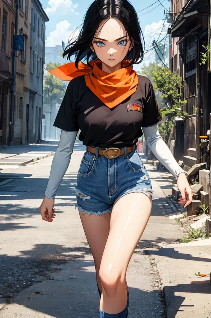 (masterpiece), best quality, expressive eyes, perfect face, highres, 1 girl, solo, android 17 girl, (female body:1.3), blue eyes, black hair,parted hair,short hair, black shirt, jeans, layered shirt, white sleeves,orange bandana, blue sneakers, green socks, brown belt, red patch, outdoor, landscape, standing, portrait, looking at the viewer