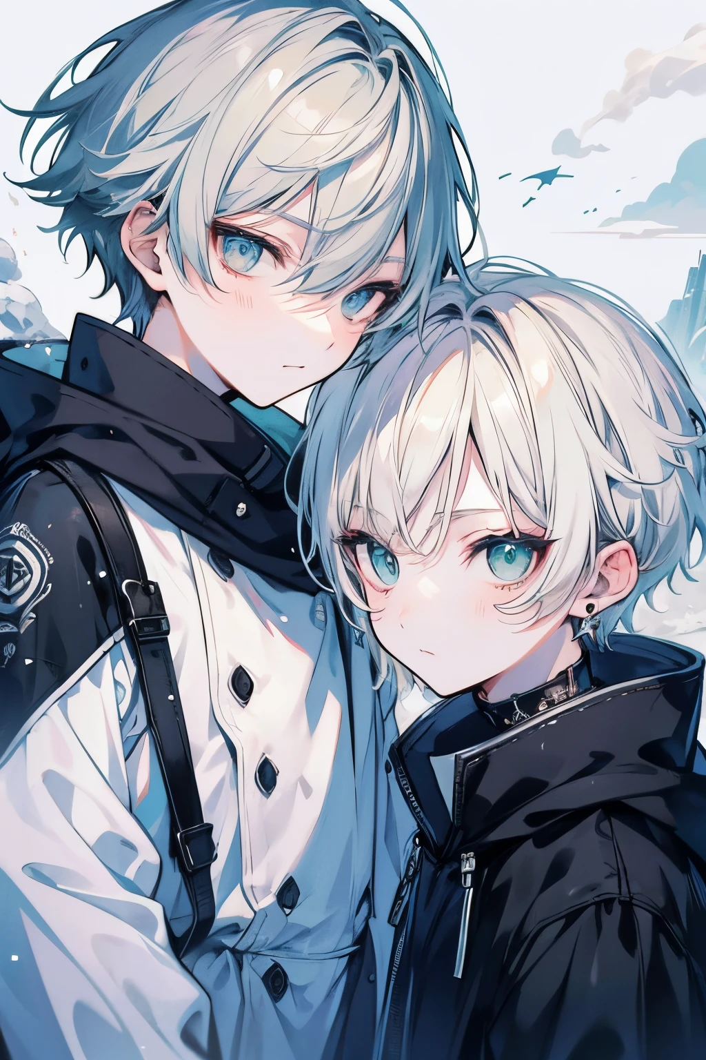 Two anime boys with white hair and blue eyes are hugging - SeaArt AI