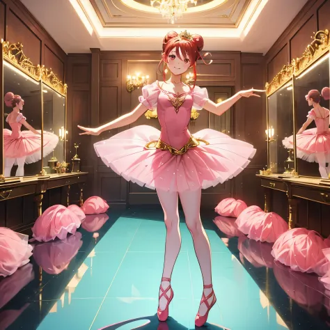 pretty 15 years old princess has a ballerina, drawn in anime style, smiling, red hair with single bun, pink eyes, small breast, ...