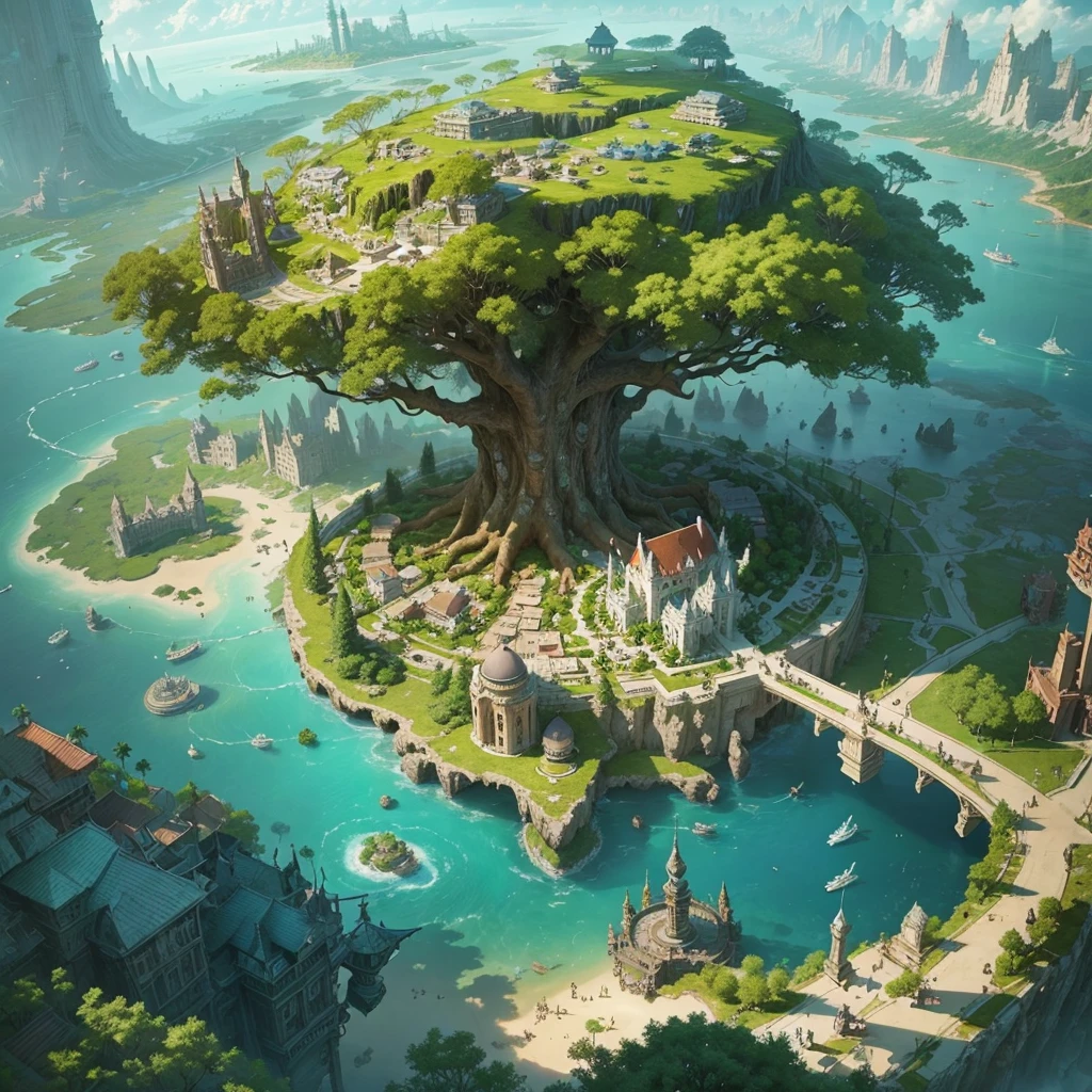 ((fantaisie))La vue aérienne la plus éloignée, une île dans la mer, Il y a un arbre immense sur l&#39;île qui est aussi immense que le monde, C&#39;est la base des magiciens naturels, C&#39;est une ville magique de style fantastique, L&#39;arbre géant est entouré par les bâtiments de l&#39;Académie de Magie et du village。le soleil brille，Une cité-état ininterrompue