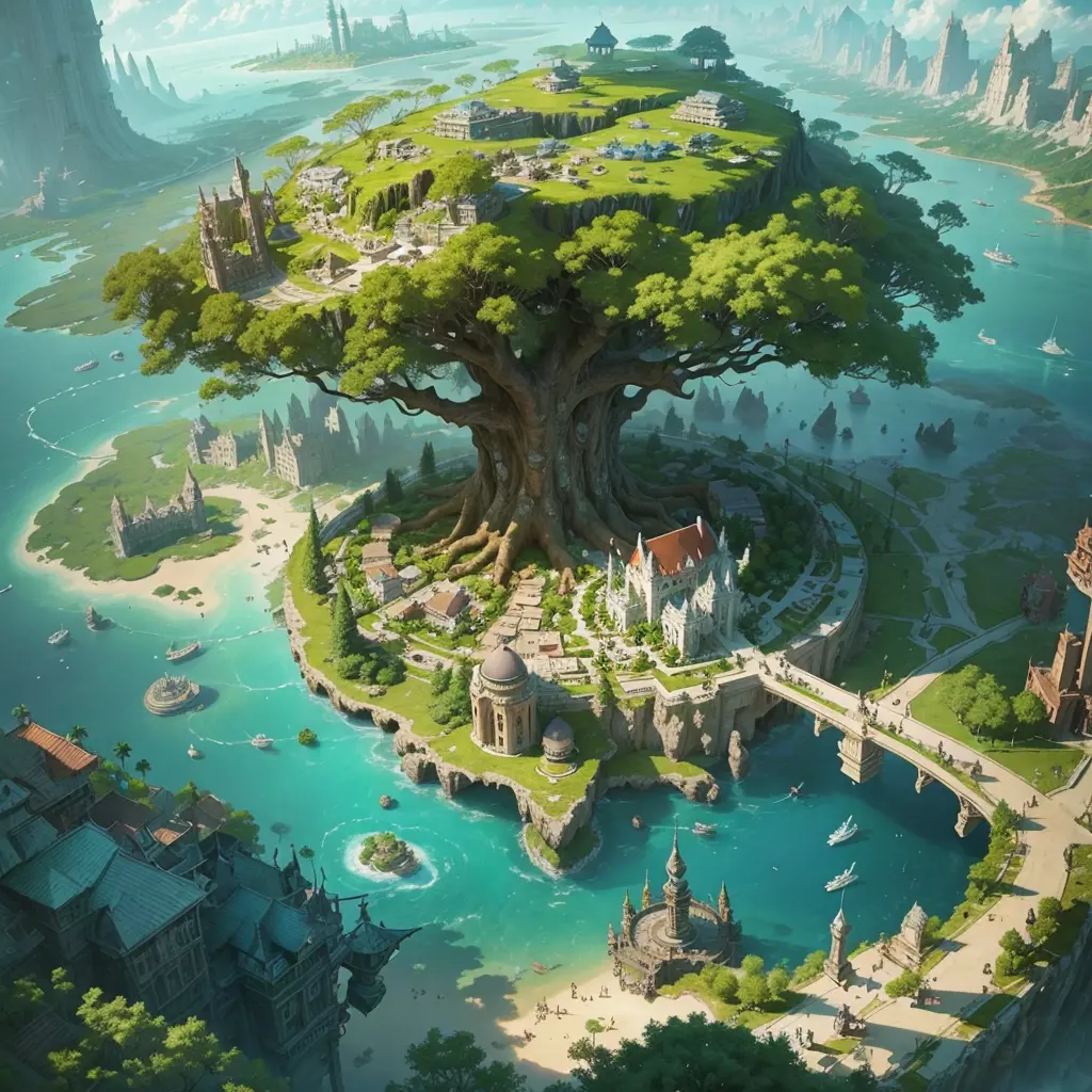 ((Fantasy))The farthest aerial view, an island in the sea, There is a huge tree on the island that is as huge as the world, This...