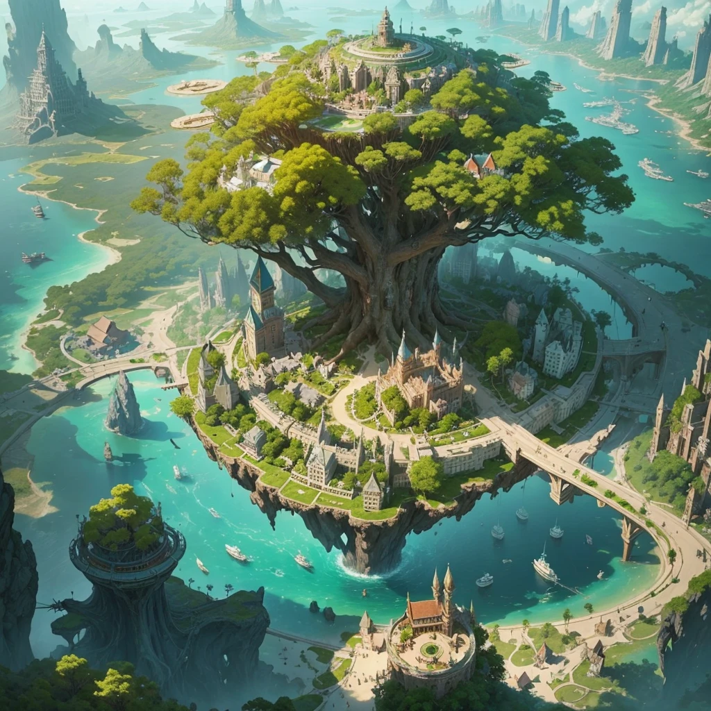 ((Fantasie))Die weiteste Luftaufnahme, Eine Insel im Meer, Auf der Insel steht ein riesiger Baum, der so groß ist wie die Welt, Das ist die Basis natürlicher Magie, Es ist eine magische Stadt im Fantasy-Stil, Der riesige Baum ist umgeben von den Gebäuden der Zauberakademie und dem Dorf。die Sonne scheint，Eine unzerbrochene Stadtstaat