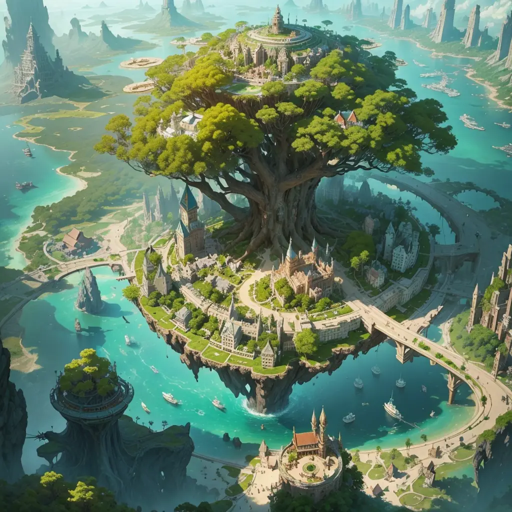 ((Fantasy))The farthest aerial view, an island in the sea, There is a huge tree on the island that is as huge as the world, This...
