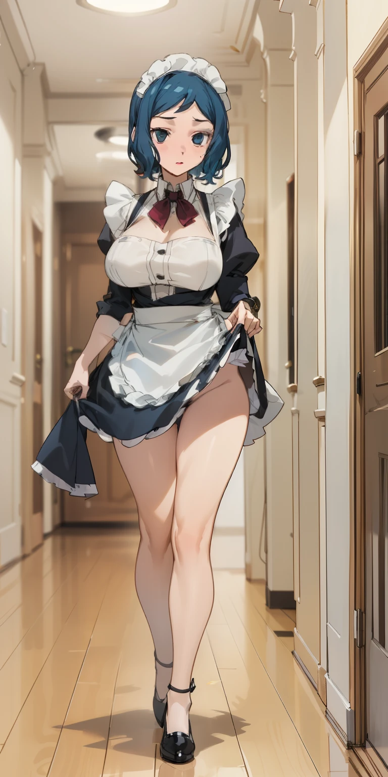 (Masterpiece), Best Quality, ultra-detailed, perfect hands, perfect legs, Delicate eye expression, 1girl (rinko_iori, Sexy, A voluptuous and sexy body, huge breasts, wide hips,  dark blue hair, long hair, blue eyes(empty eye)), expressionless,open mouth, Solo,  nude, full body,maid(black, ultra mini skirt),maid headdress, skirt lift,  Late at night, living room hallway(Hidden, Only candles shine), walking,Sexy waist teasing,nude