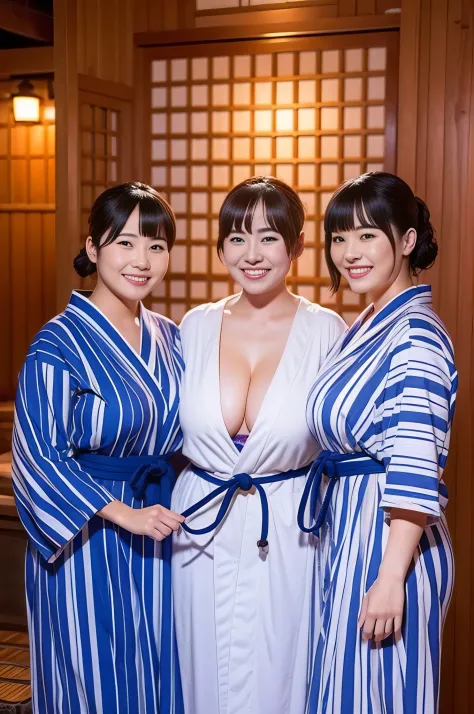 Attractive woman, ３Man Woman, bbw, Hakata yukata、large boob, A smile、Hot Spring Ryokan、​masterpiece, top-quality,
