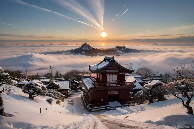 (rising sun:1.2), new year, scenery, perspective, top quality, Japan, winter