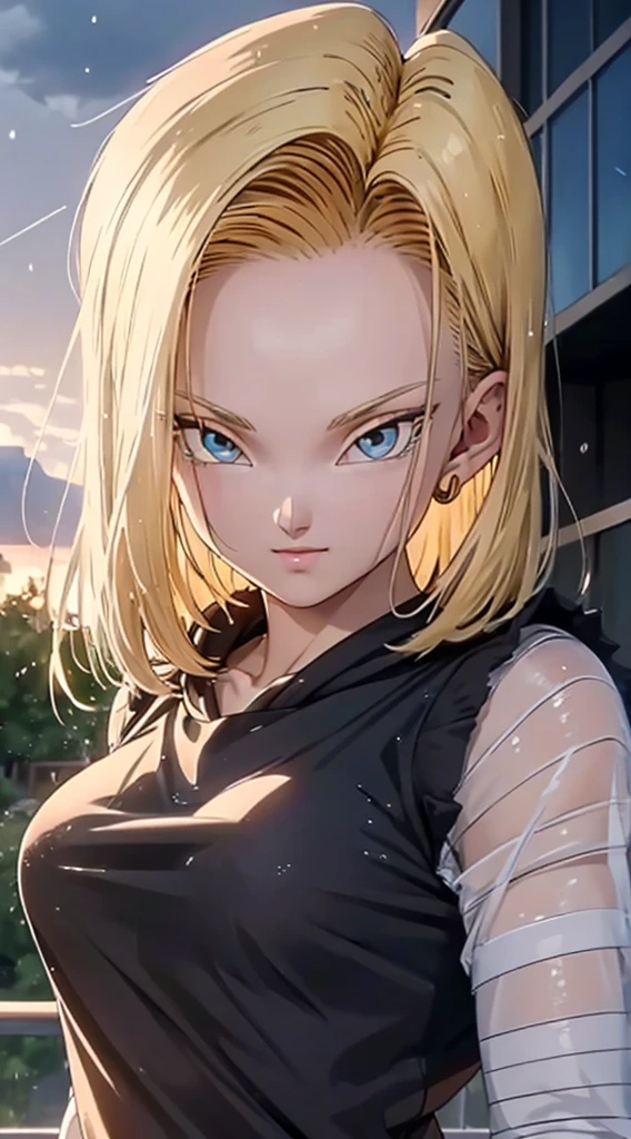 android 18, ( Close-up of upper body ), ( Bokeh effect ), Very seductive., seductive pose, Smiles, kawaii, very kawaii, ultra-high resolution, masterpiece, ultra high quality, ultra-detail, 10, In a see-through shirt, see through hoodie, wet from rain, Wet see-through shirt, unbuttoned