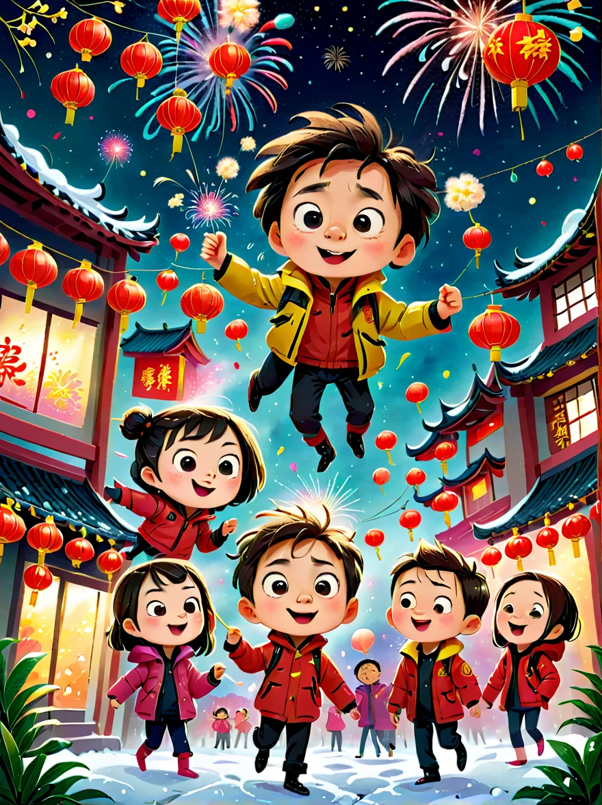 Livre pour enfants, (style tim burton)，(L&#39;illustration capture l&#39;essence du Nouvel An chinois)，(Ville moderne:1.2), (Lanternes et festons)，Il neige，Dans l&#39;ambiance joyeuse de la Fête du Printemps，(5 enfants en doudoune déclenchent des pétards et des feux d&#39;artifice)，(Il y a de nombreux feux d&#39;artifice dans le ciel)，La photo est magnifique，(Enfants détaillés et vivants&#39;s illustrations dessinées à la main)，Afficher les expressions des caractères