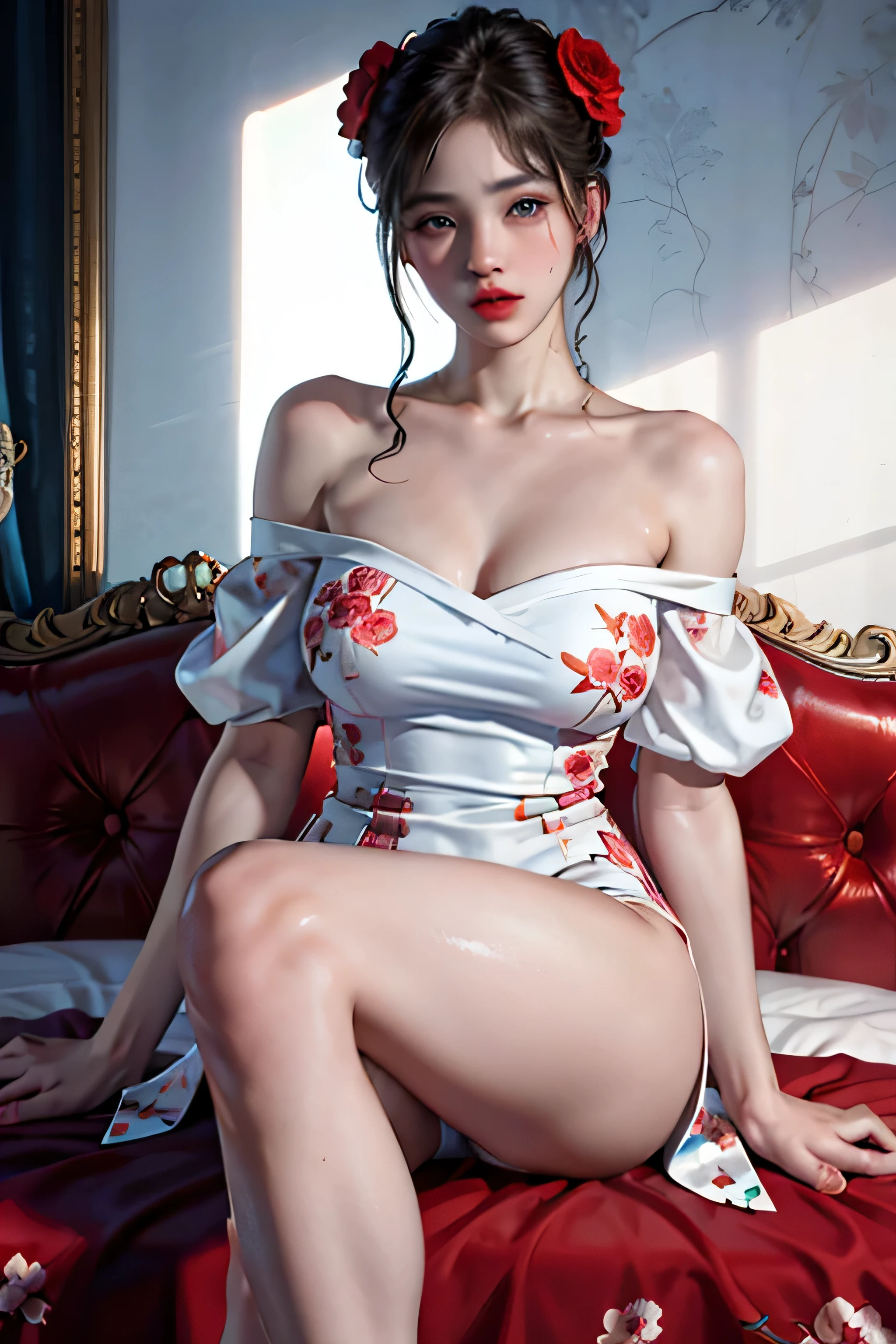1人の少女,最高品質、超高解像度、(フォトリアリスティック:1.4)、青い目、視聴者を見てください、赤面、オフショルダーの花柄プリントの白いドレス、ベッドに座っている、