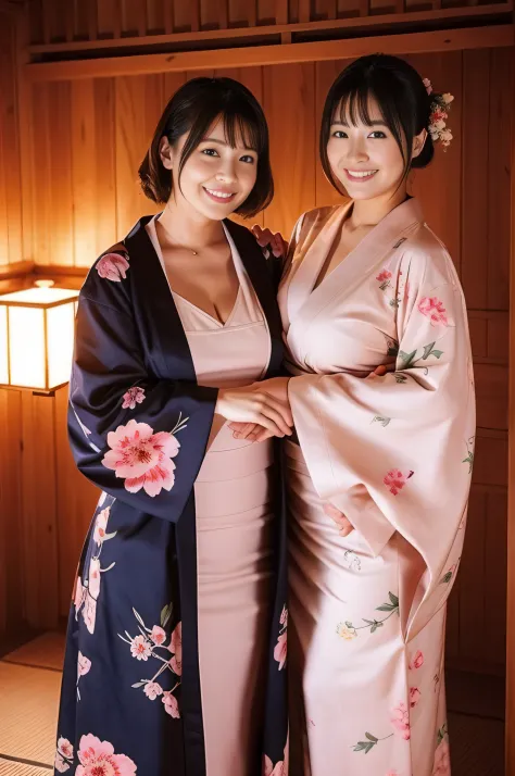 attractive woman, ２man woman, bbw, fluffy kimono、large boob, a smile、hot spring ryokan、​masterpiece, top-quality,