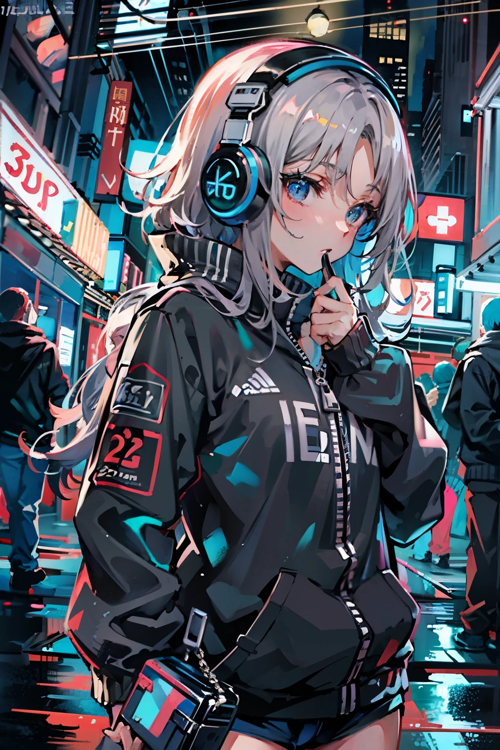 Anime girl with headphones on in the city - SeaArt AI