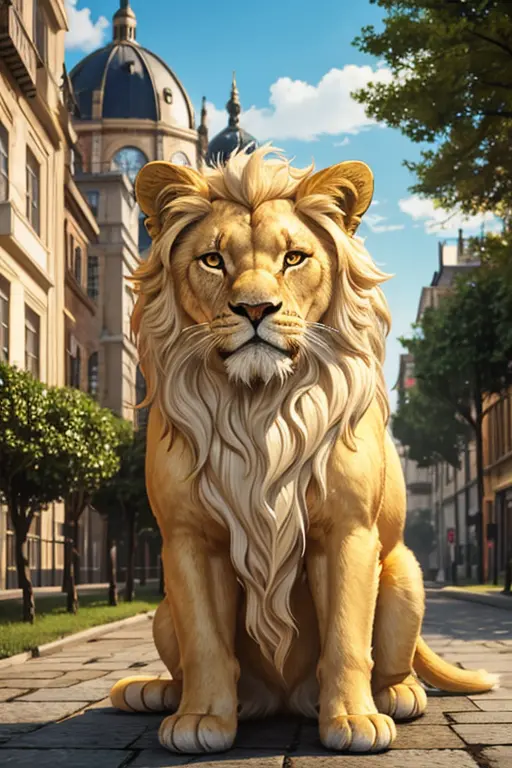 little, graceful, golden lion. with a long, light, golden, wavy, very fluffy mane. with bright green eyes, in the golden city wi...