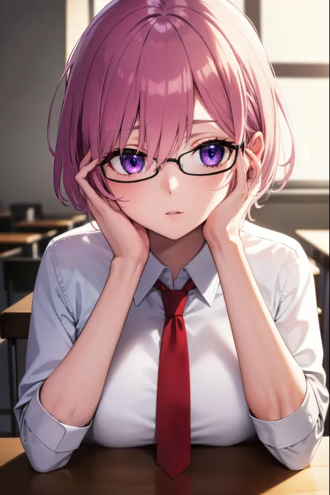 mashkyrielight, mash kyrielight, glasses, hair between eyes, hair over one eye, (purple eyes:1.1), pink hair, short hair,
break ...