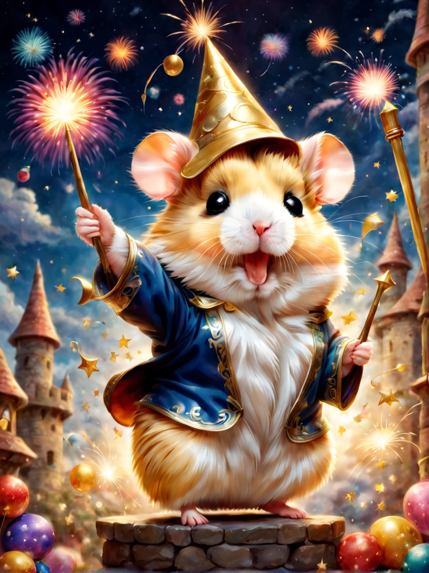 magic hamster party,((Hamster Wizard:great joy:pulling the hands up:Opening Mouth:Dynamic Pose:Wizard Hat)),magic wands,Use of magic,Wizard costume details:colourfull:draw a pattern with gold and silver,celebration,((Lots of fireworks in the night sky:colourfull)),,,Castle balcony,Lots of stars,kirakira,Beautiful light effect,,​masterpiece,top-quality,Fluffy hamsters,Chibi,cute little,A delightful,Happiness,,magical lights,,Fantastical,night sky details,Anatomically correct,All the best,,little hamster,最高にcute littleハムスター，Fantasia,randolph caldecott style,illustratio,watercolor paiting