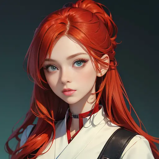 close-up of a redhead girl,  anime style, focusing on the intricate details of the face. the eyes should be a captivating green,...