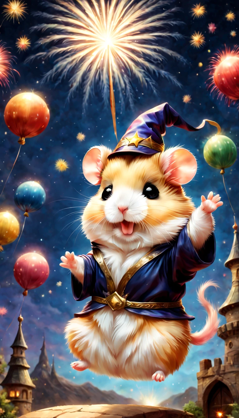 magic hamster party,((Hamster Wizard:great joy:pulling the hands up:Opening Mouth:Dynamic Pose:Wizard Hat)),magic wands,Use of magic,Wizard costume details:colourfull:draw a pattern with gold and silver,celebration,((Lots of fireworks in the night sky:colourfull)),,,Castle balcony,Lots of stars,kirakira,Beautiful light effect,,​masterpiece,top-quality,Fluffy hamsters,Chibi,cute little,A delightful,Happiness,,magical lights,,Fantastical,night sky details,Anatomically correct,All the best,,little hamster,最高にcute littleハムスター，Fantasia,randolph caldecott style,illustratio,watercolor paiting