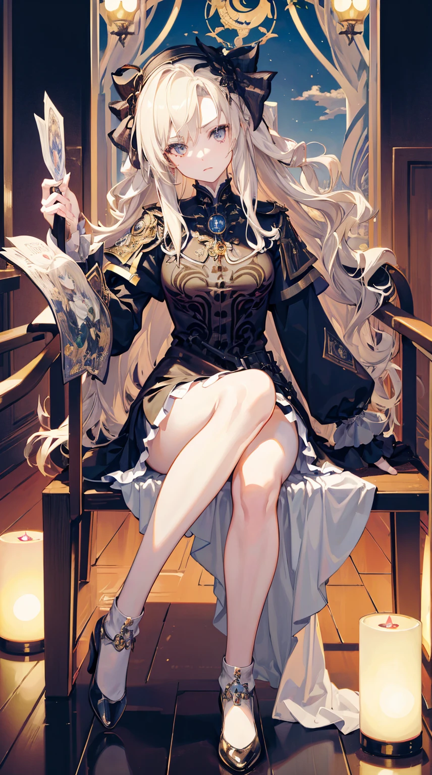 (best quality,highres,masterpiece:1.2),1girl, long white hair,a tarot moon,western,symbolism,visual art,occult,international,vision casting,heraldry,philosophy,iconography,numerology,charisma,artistic,Alphonse Mucha.