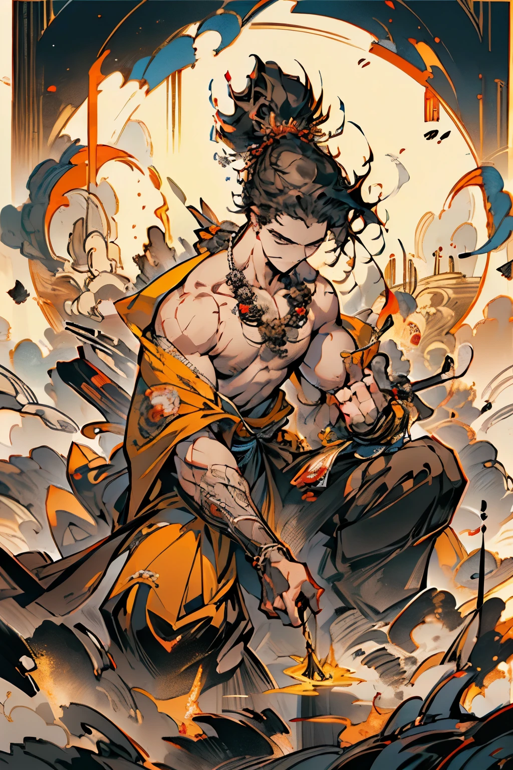 (Best quality at best,4K,8K,A high resolution,tmasterpiece:1.2)，A man,ultra - detailed,(actual,photoactual,photo-actual:1.3 likes,  ， monk clothes, only, disheveled black hair,curlies， 黑The eye, cloaks, Shaolin，prayer beads，Shredded clothes，Vajra Lux, Muscle tissue，strong, Short hair details, Background with, Alone,，Ferocious , ((tmasterpiece))，Demon God，asura from chinese myth，高大的Muscle tissue男, broad shoulder,Monk's robes，swordsman，Vajra Lux，Muscle tissue，Fierce