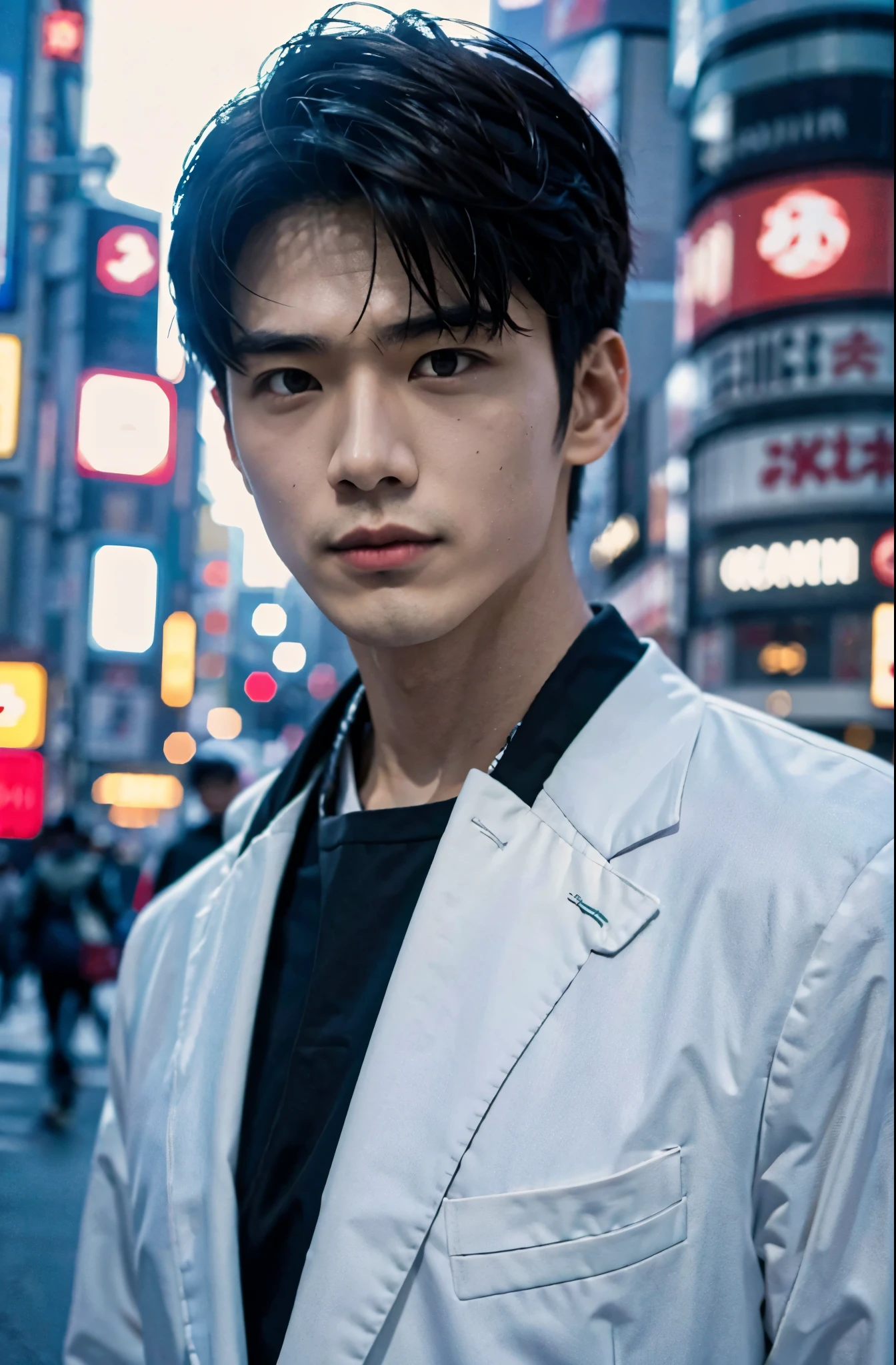 Photorealsitic, 8K full body poster, japanes, a 25-year-old man, serious facial expression, Sharp eyes, A charming expression, detailed face details, Rugged skeleton, TOKYOcty, Winters, Shibuya in the background